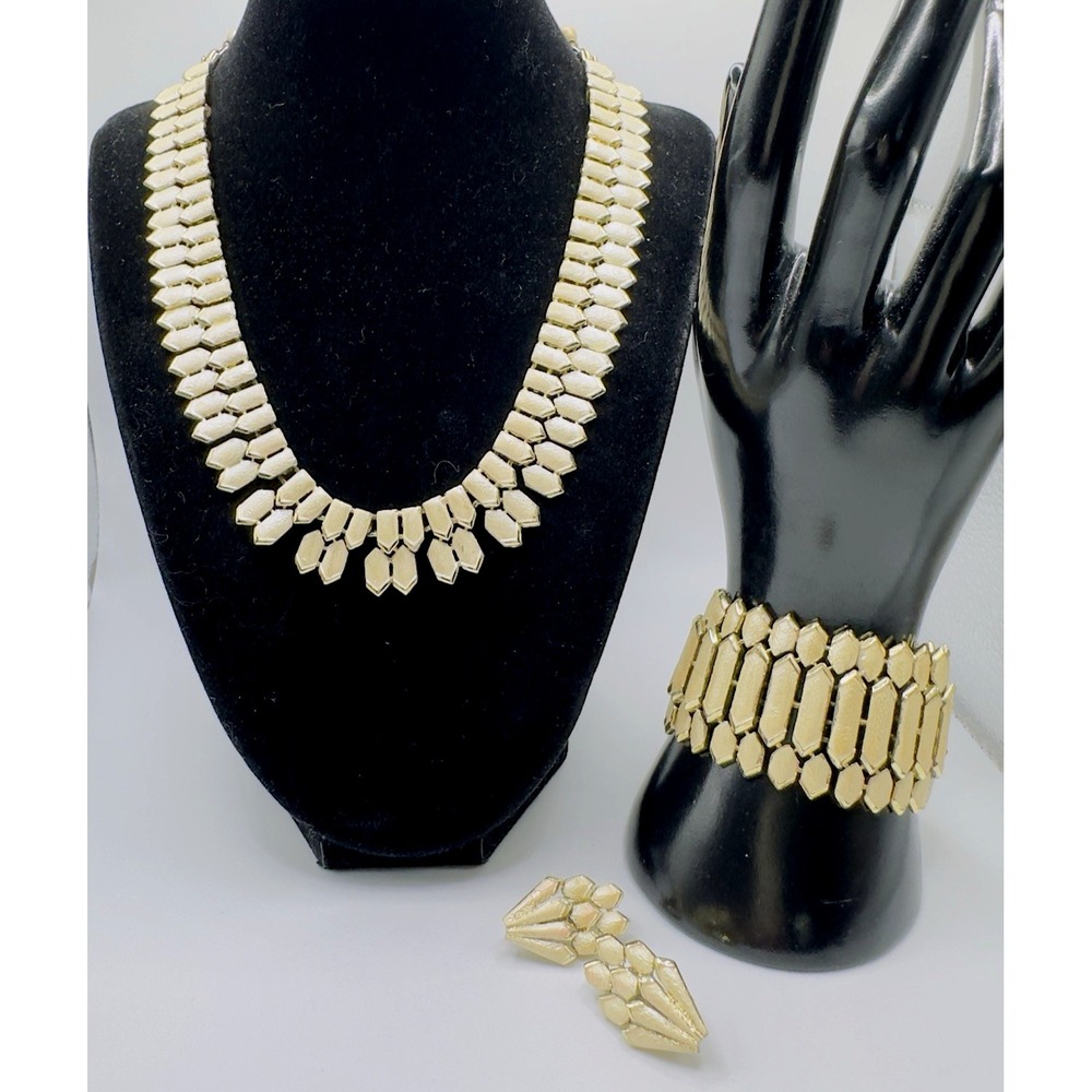 Atomic Age Gold Tone Necklace Bracelet Earrings Cleopatra Style Mid Century Coro